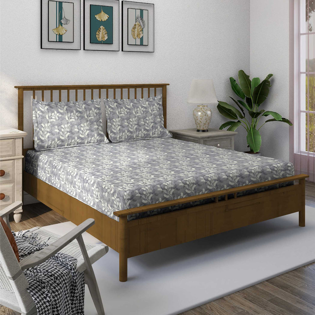 Silver Vine Grey & White Botanical 160 TC Pure Cotton Bedsheet with Pillow Cover