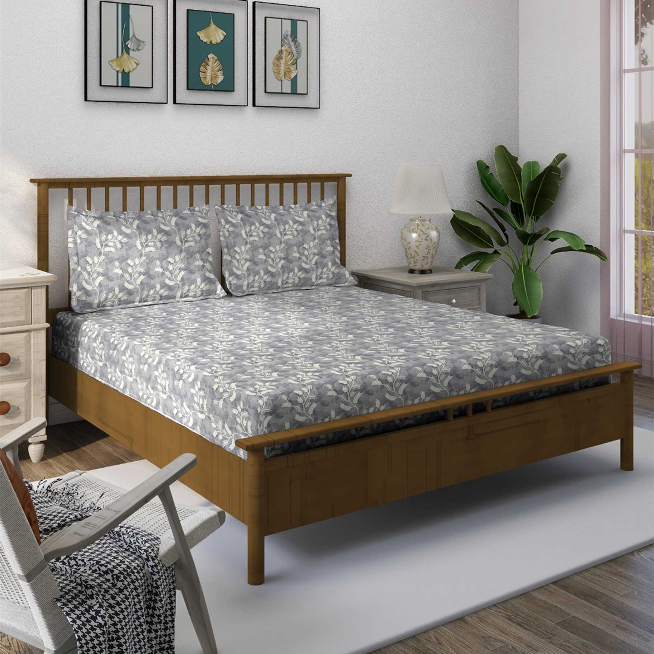 Silver Vine Grey & White Botanical 160 TC Pure Cotton Bedsheet with Pillow Cover