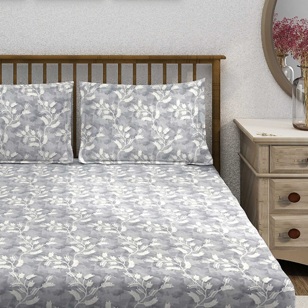 Silver Vine Grey & White Botanical 160 TC Pure Cotton Bedsheet with Pillow Cover