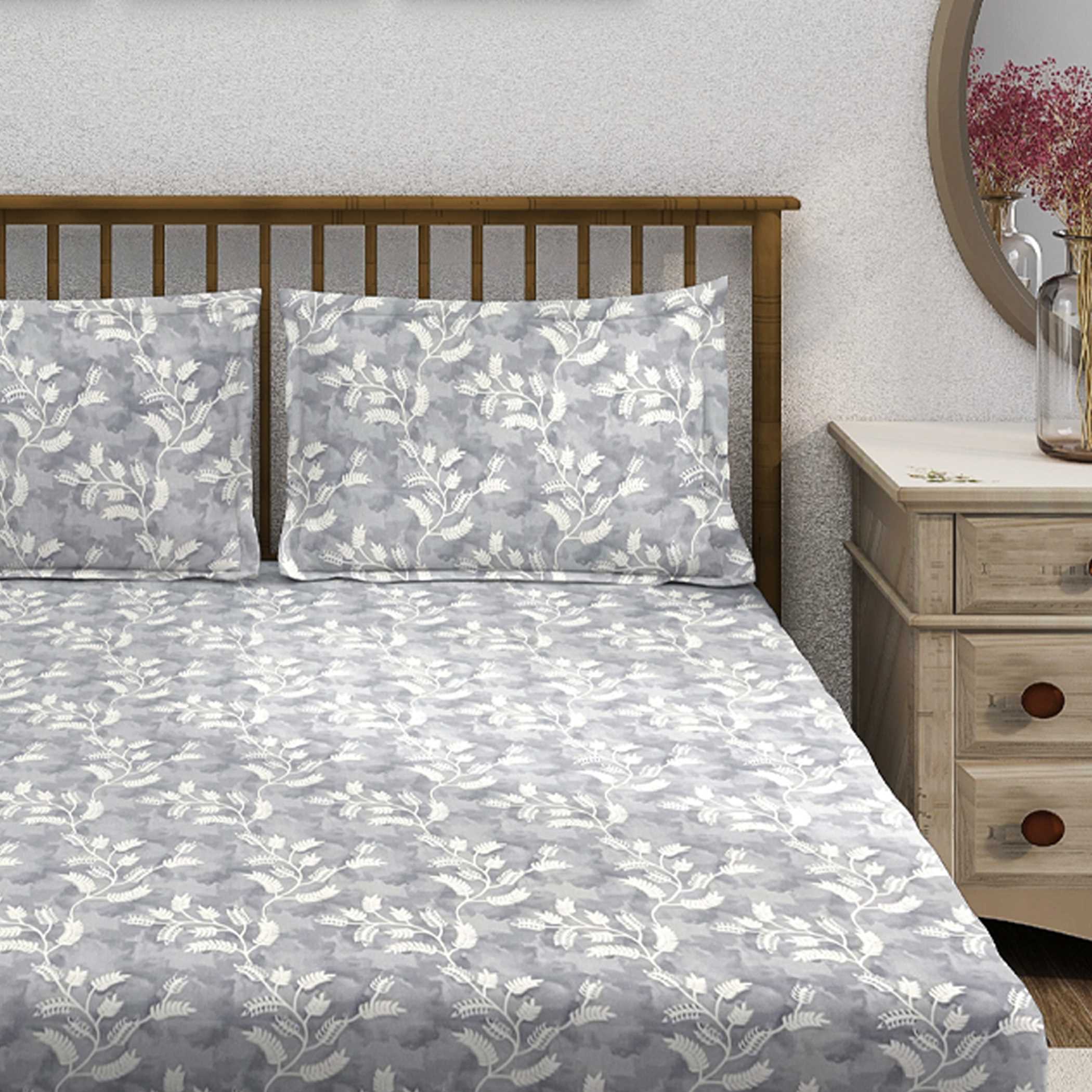 Silver Vine Grey & White Botanical 160 TC Pure Cotton Bedsheet with Pillow Cover