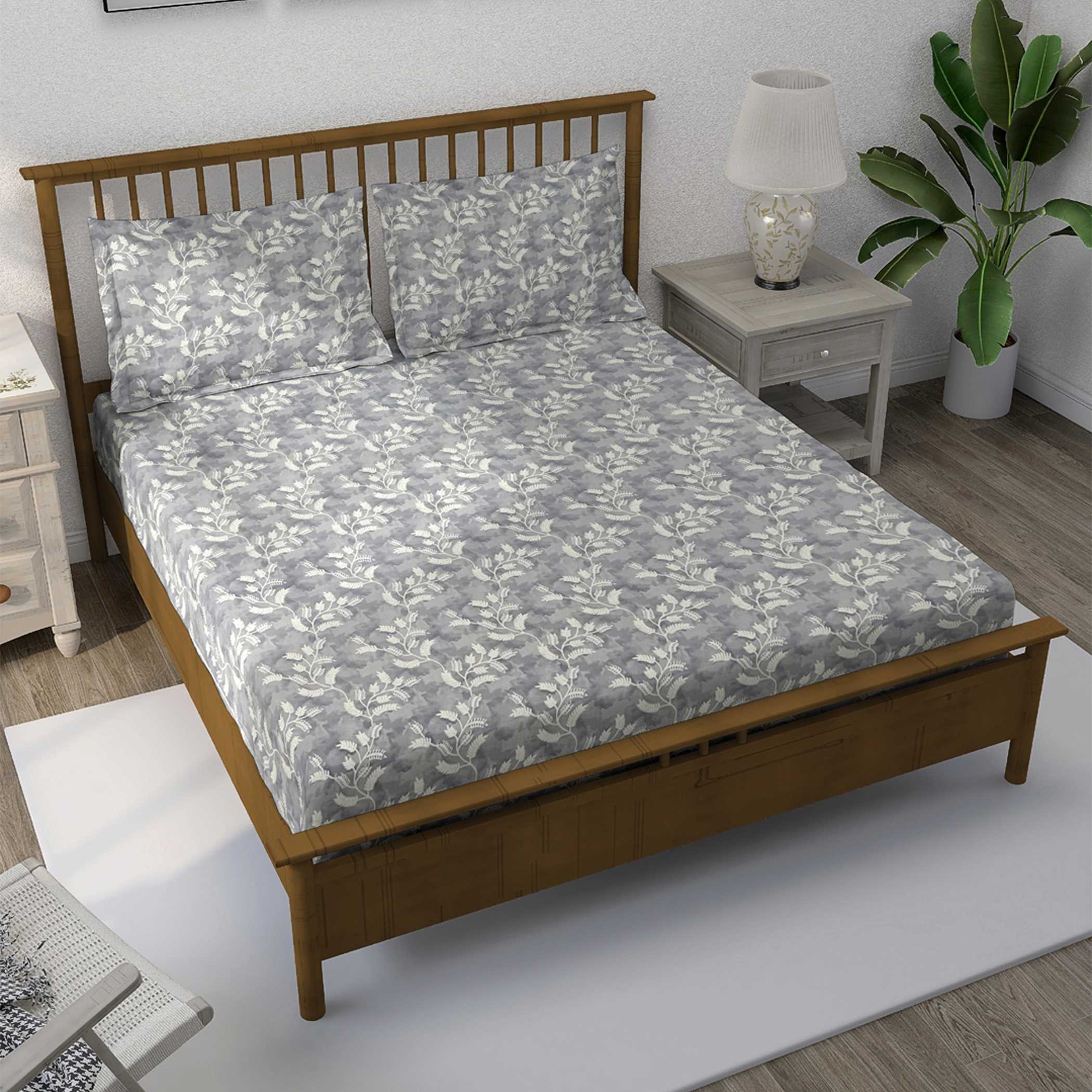 Silver Vine Grey & White Botanical 160 TC Pure Cotton Bedsheet with Pillow Cover