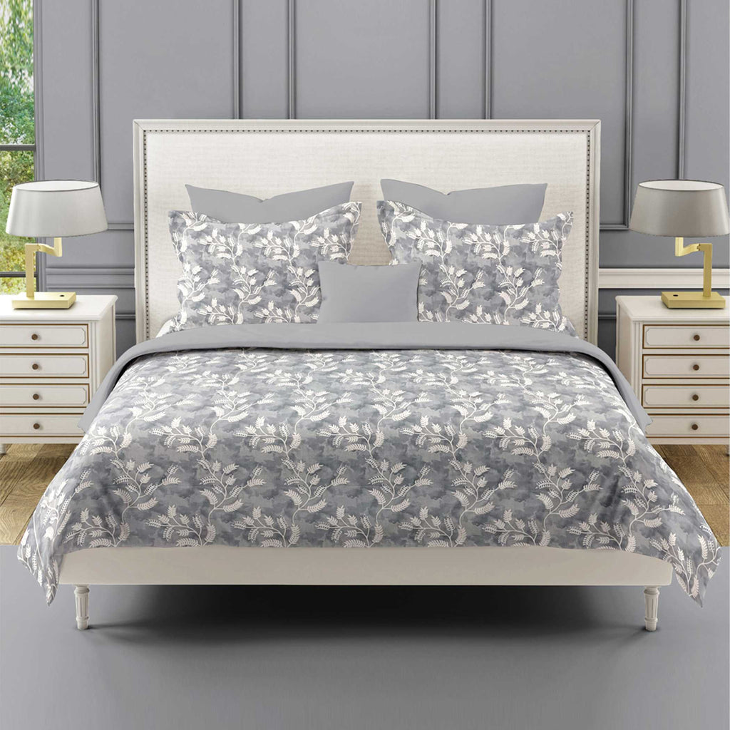 Silver Vine Grey & White Botanical 160 TC Pure Cotton Bedsheet with Pillow Cover