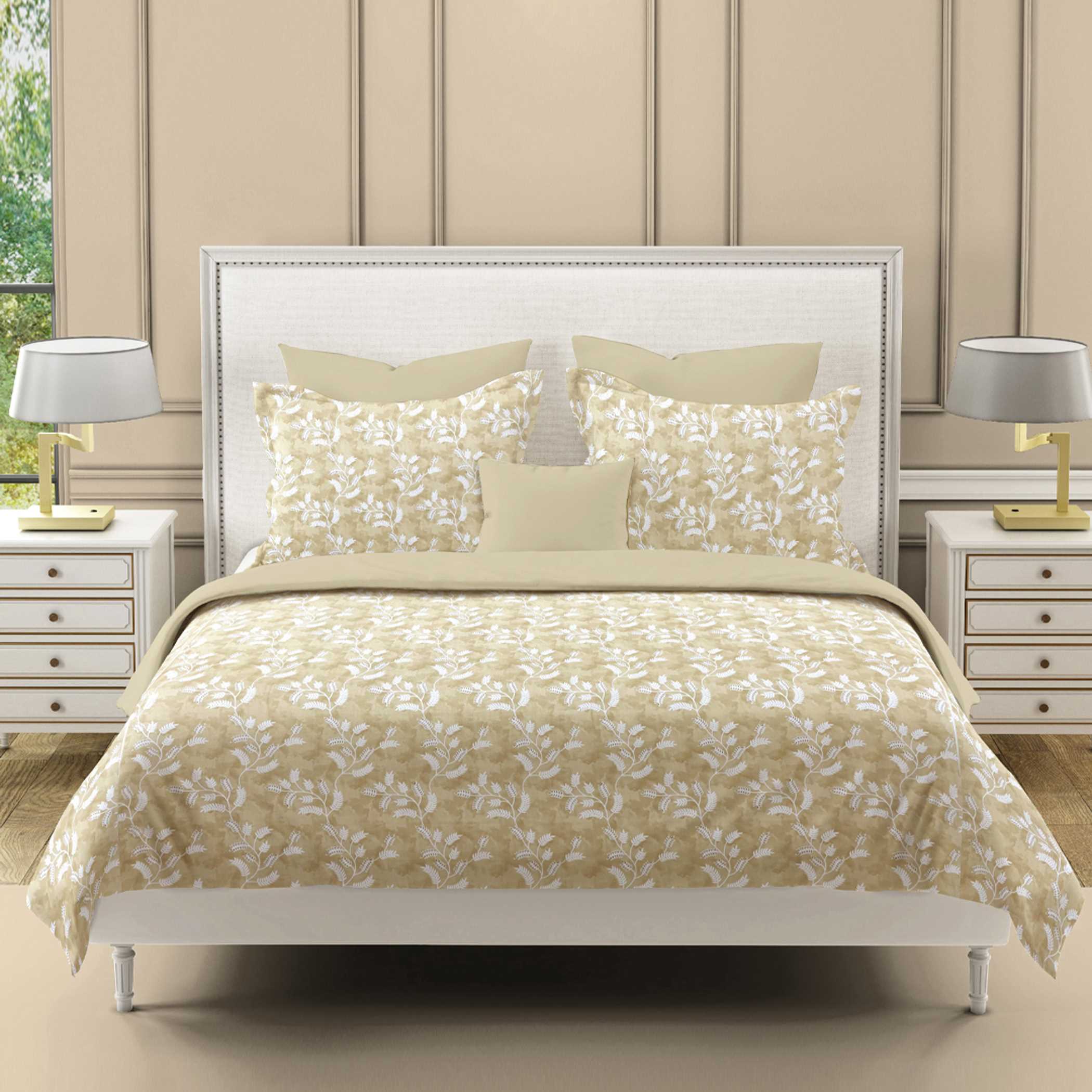 Ivory Vine Beige & White Botanical 160 TC Pure Cotton Bedsheet with Pillow Cover