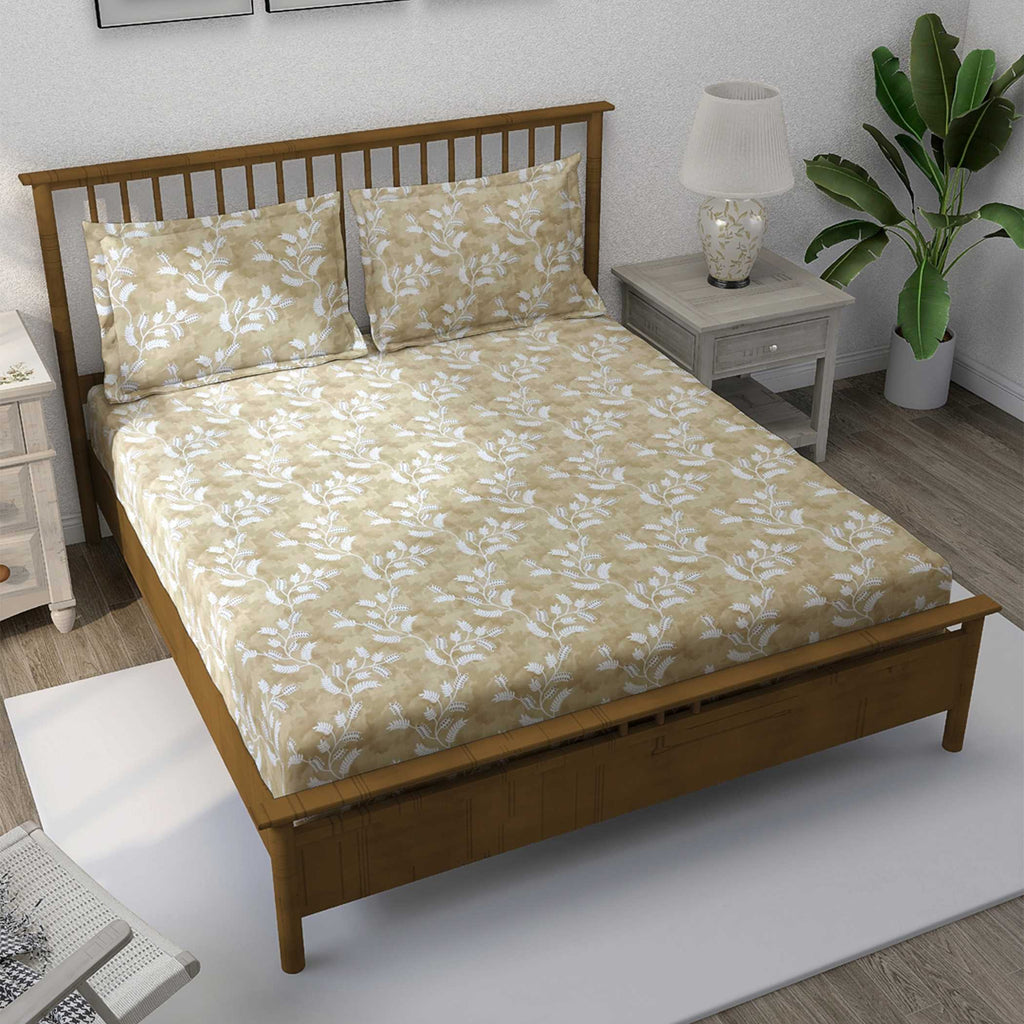 Ivory Vine Beige & White Botanical 160 TC Pure Cotton Bedsheet with Pillow Cover