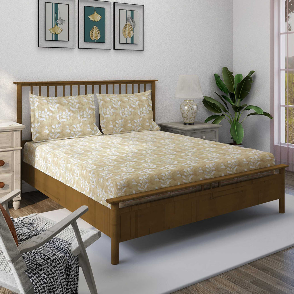 Ivory Vine Beige & White Botanical 160 TC Pure Cotton Bedsheet with Pillow Cover