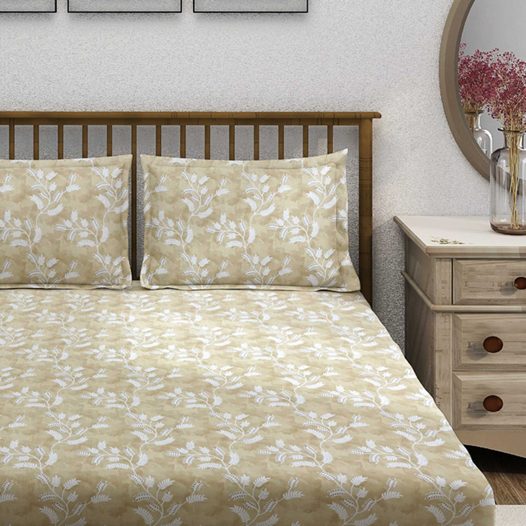 Ivory Vine Beige & White Botanical 160 TC Pure Cotton Bedsheet with Pillow Cover