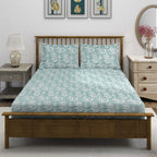 Aqua Vine Mint Green & White Botanical 160 TC Pure Cotton Bedsheet with Pillow Cover