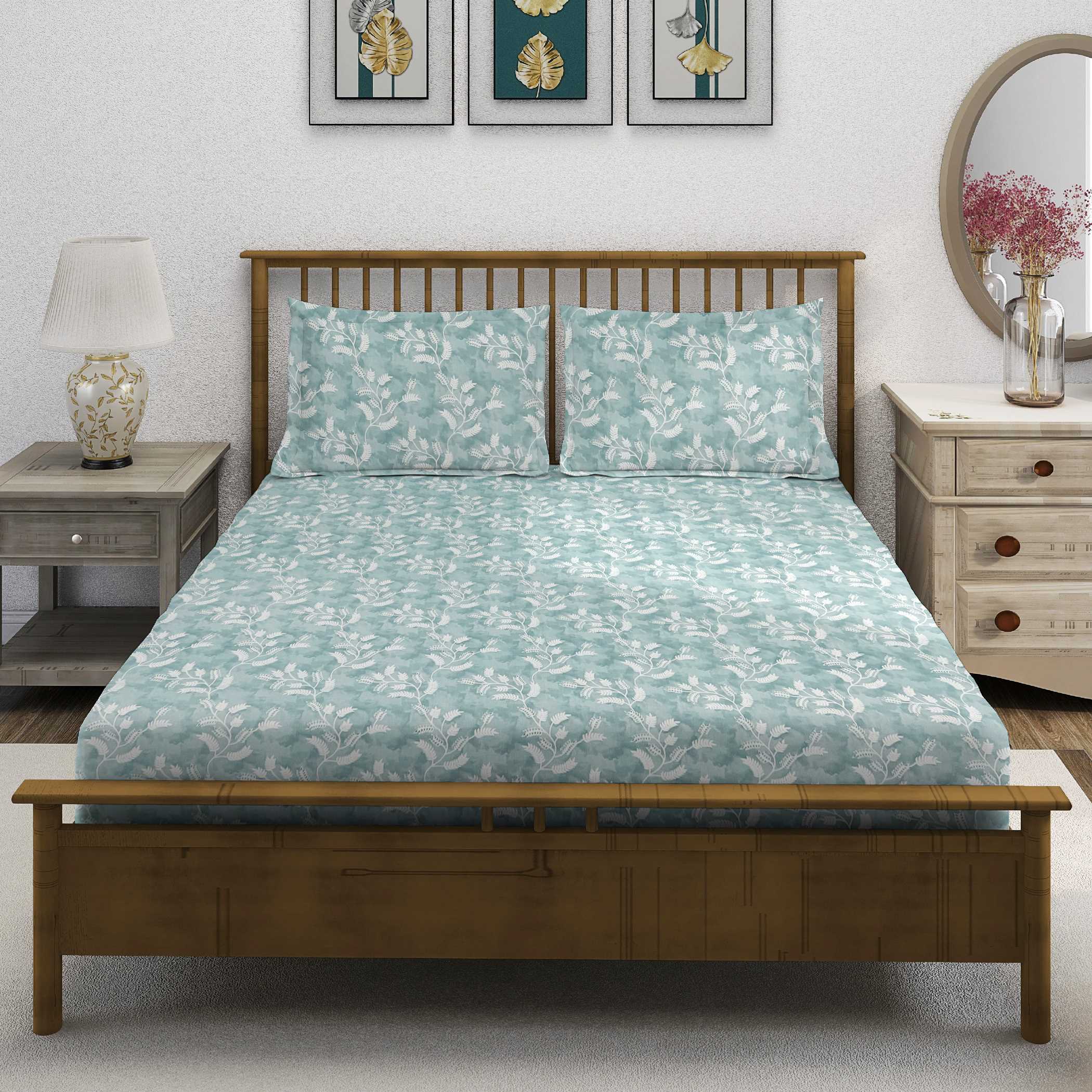 Aqua Vine Mint Green & White Botanical 160 TC Pure Cotton Bedsheet with Pillow Cover