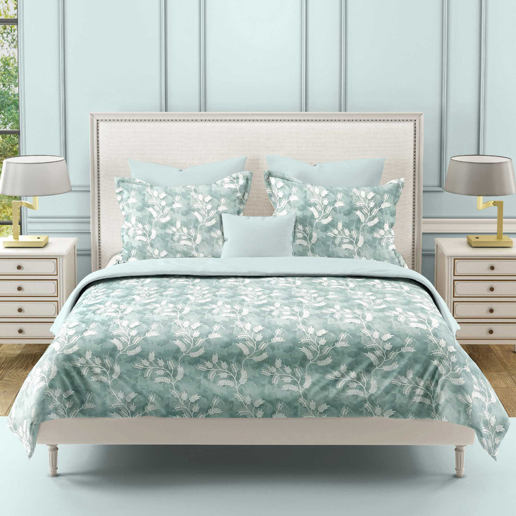 Aqua Vine Mint Green & White Botanical 160 TC Pure Cotton Bedsheet with Pillow Cover