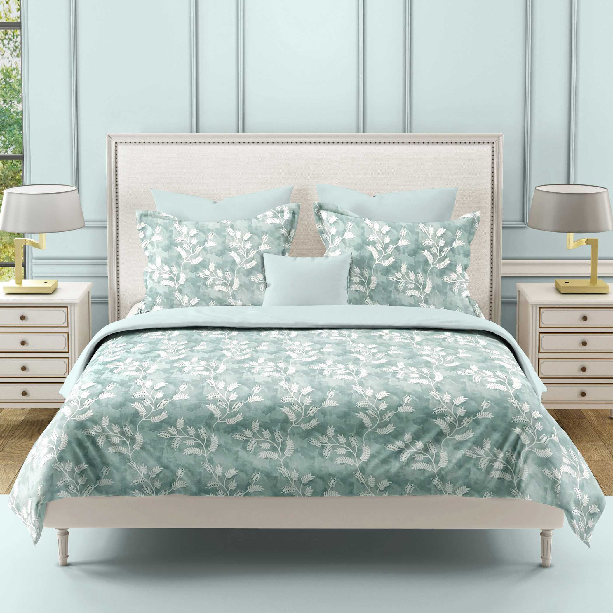 Aqua Vine Mint Green & White Botanical 160 TC Pure Cotton Bedsheet with Pillow Cover