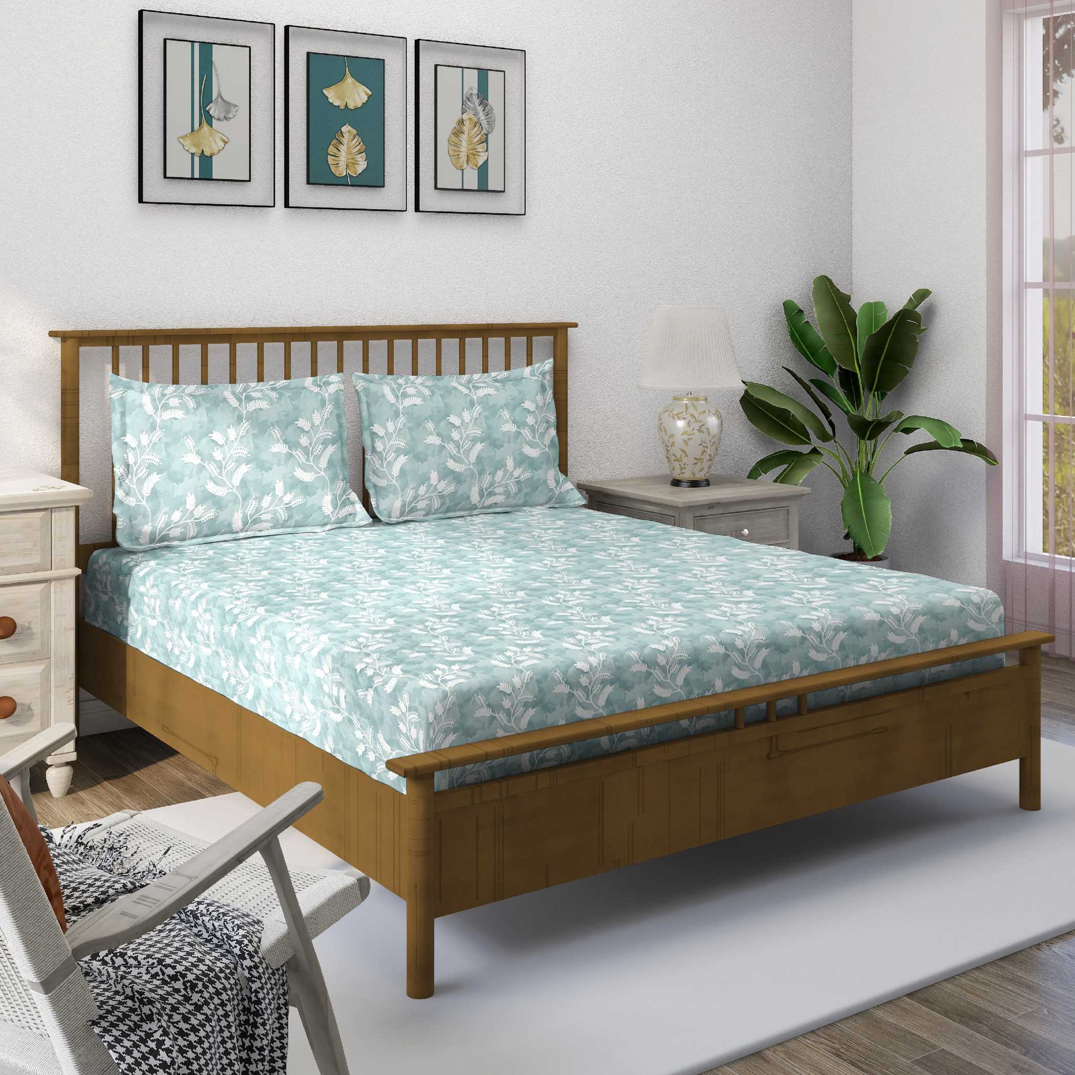 Aqua Vine Mint Green & White Botanical 160 TC Pure Cotton Bedsheet with Pillow Cover