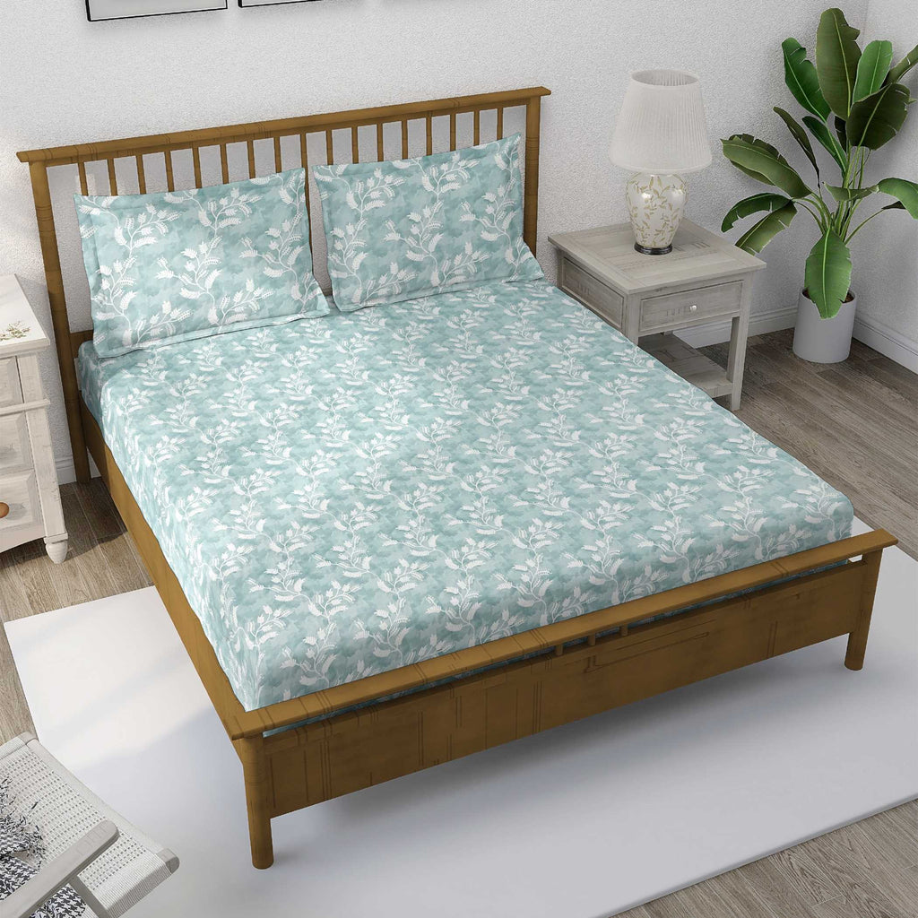Aqua Vine Mint Green & White Botanical 160 TC Pure Cotton Bedsheet with Pillow Cover