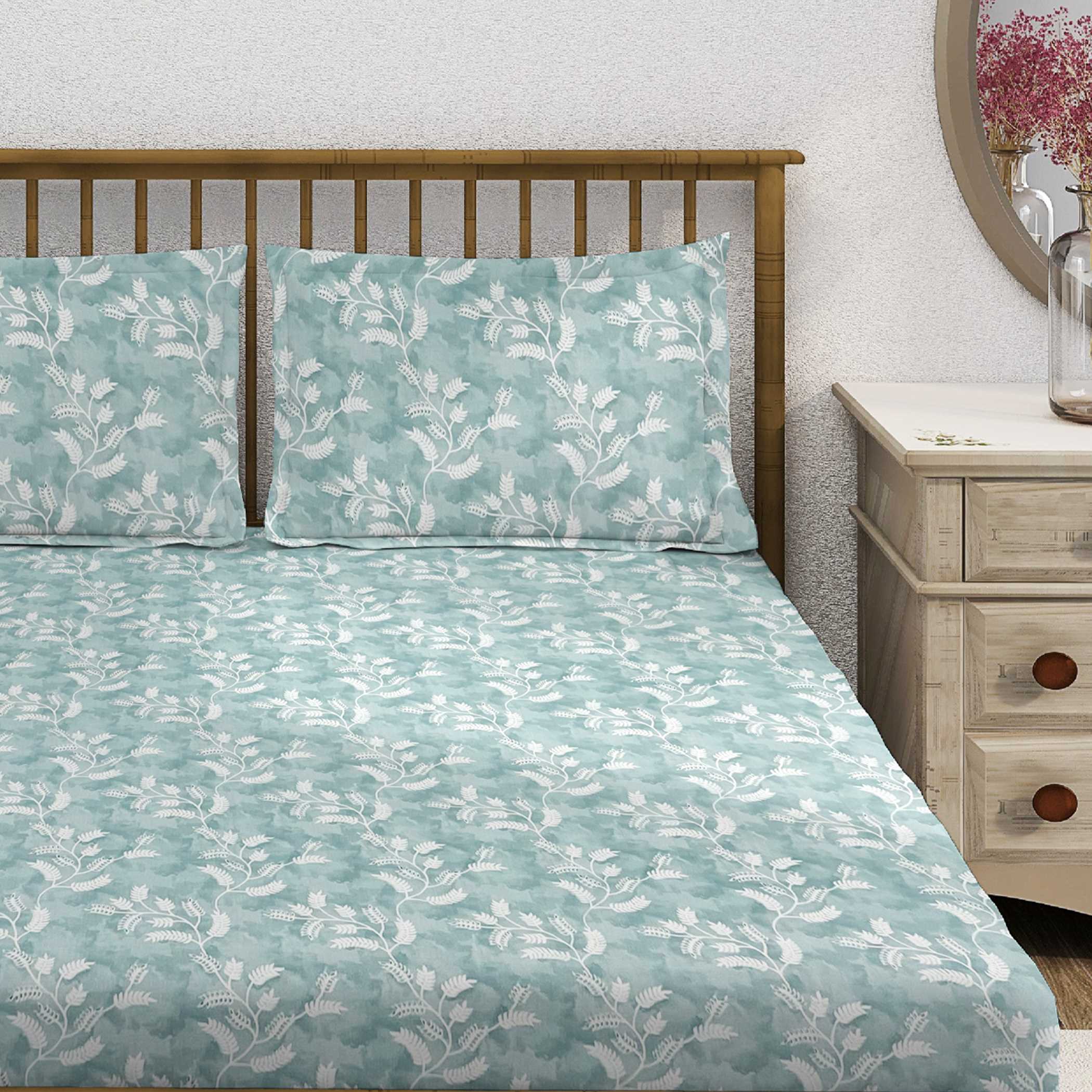 Aqua Vine Mint Green & White Botanical 160 TC Pure Cotton Bedsheet with Pillow Cover