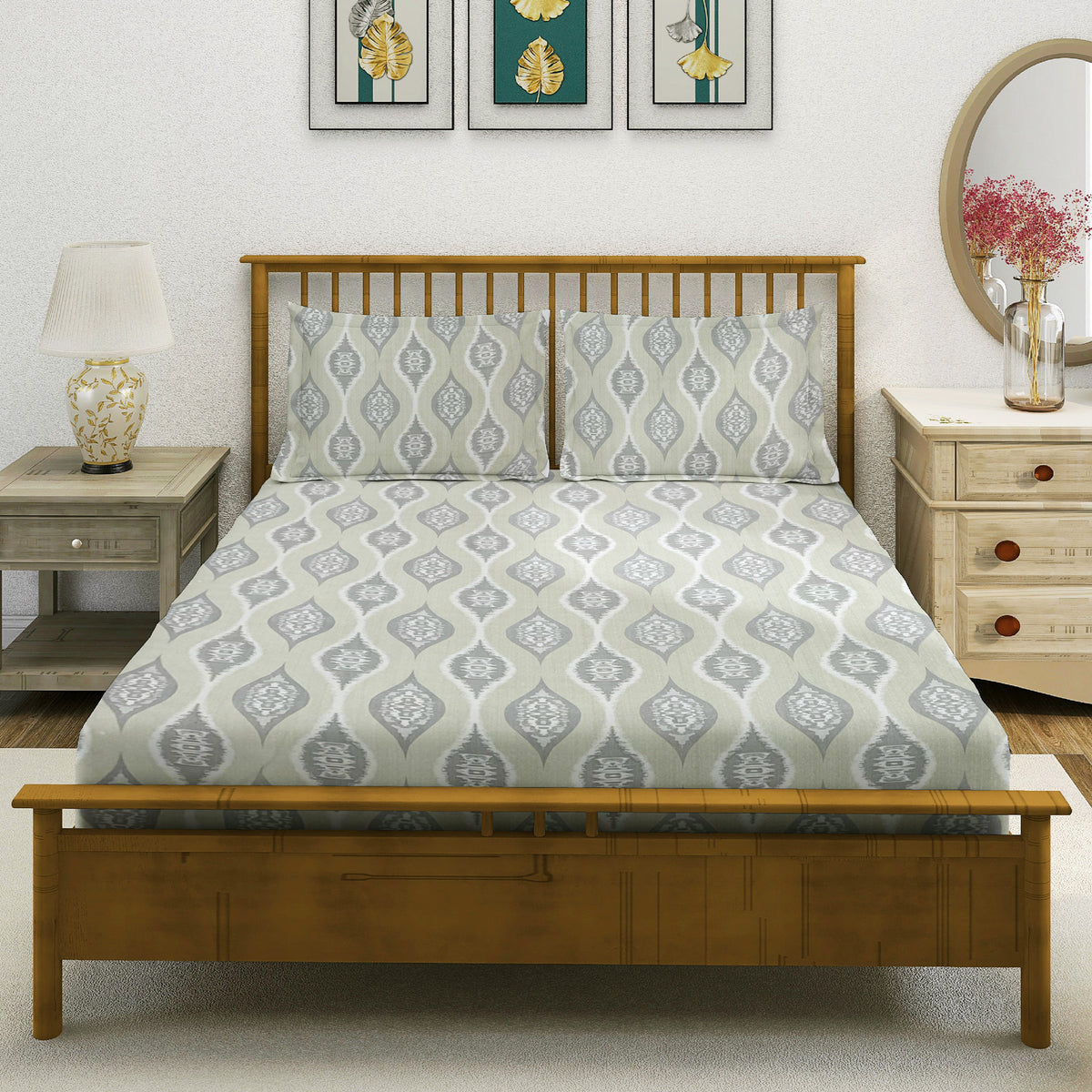 Sage Grey Ikat Medallions 144 TC Pure Cotton Bedsheet Set with Pillow Cover
