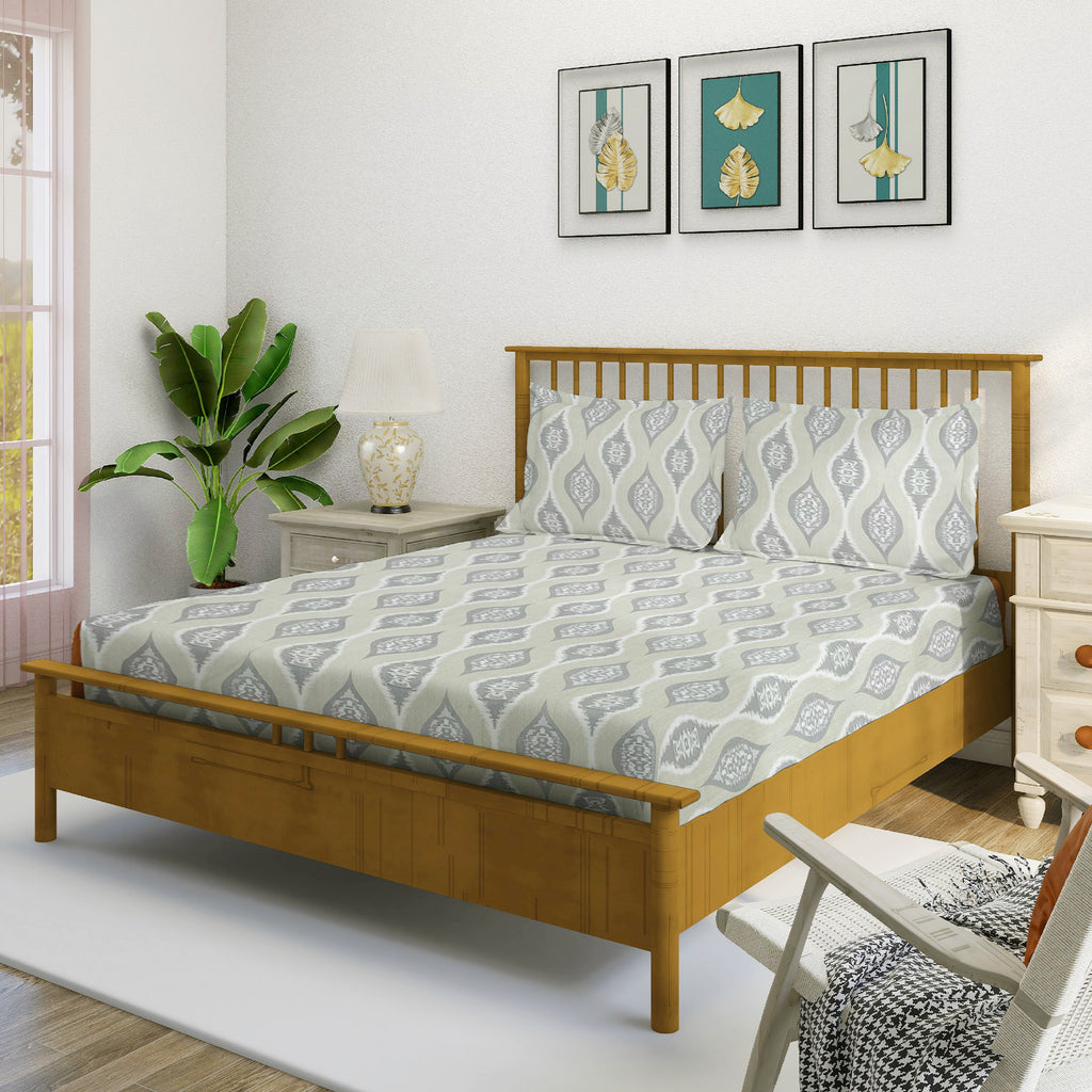 Sage Grey Ikat Medallions 144 TC Pure Cotton Bedsheet Set with Pillow Cover