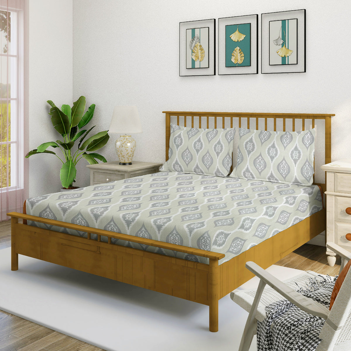 Sage Grey Ikat Medallions 144 TC Pure Cotton Bedsheet Set with Pillow Cover