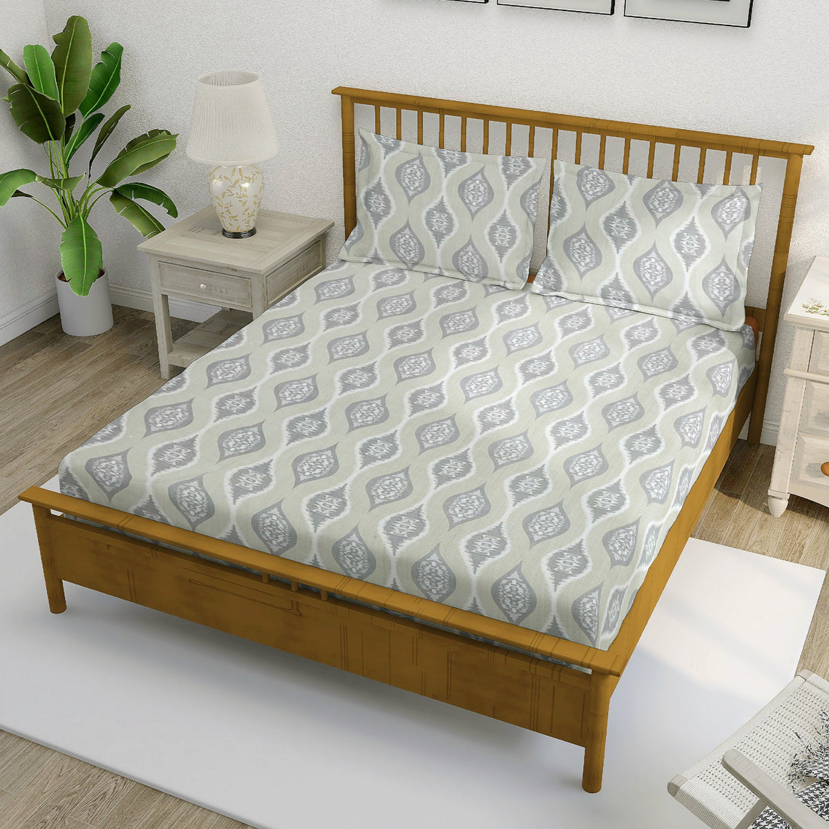 Sage Grey Ikat Medallions 144 TC Pure Cotton Bedsheet Set with Pillow Cover