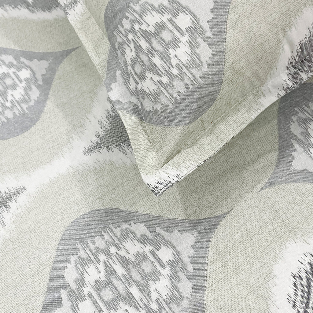 Sage Grey Ikat Medallions 144 TC Pure Cotton Bedsheet Set with Pillow Cover