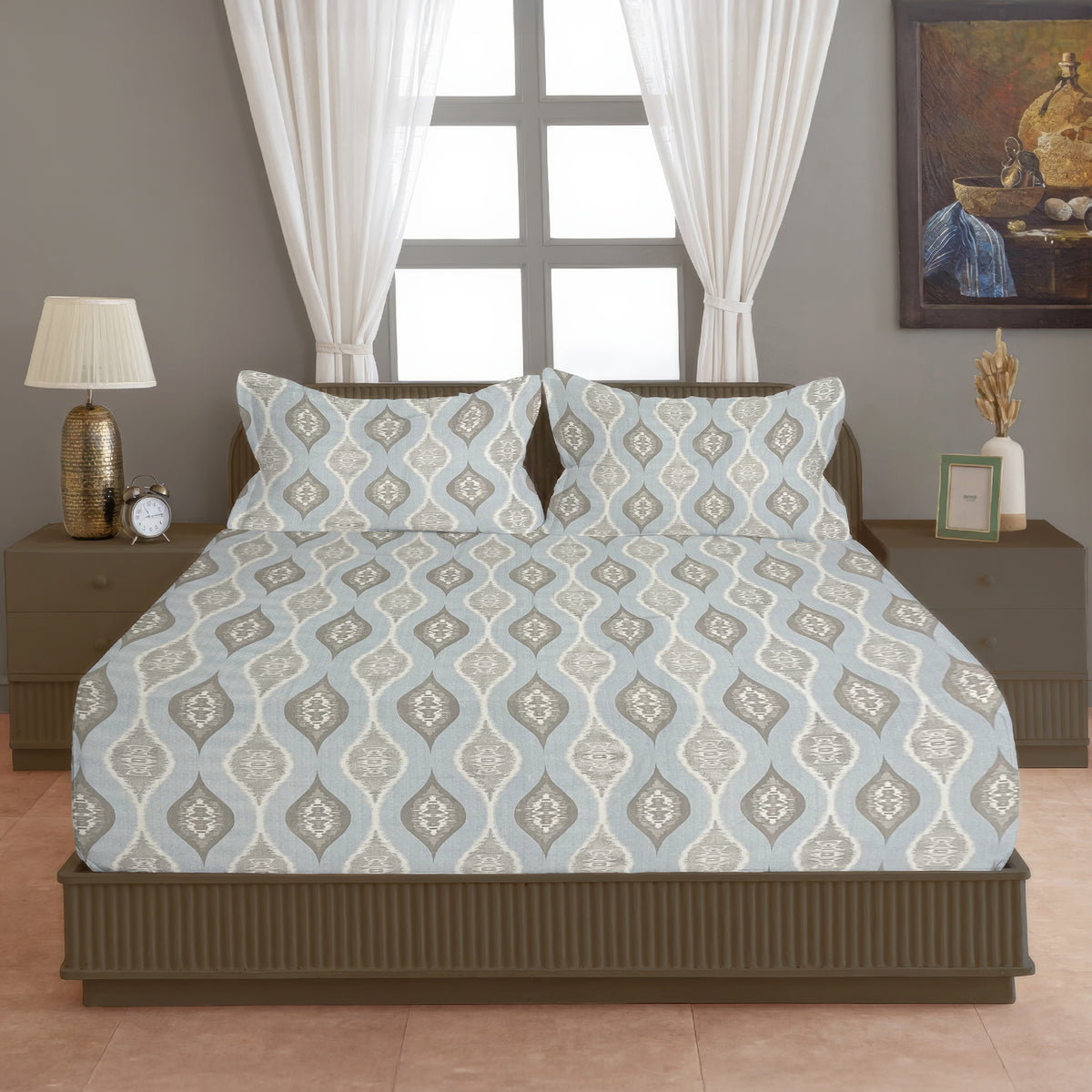 Powder Blue Ikat Medallions 144 TC Pure Cotton Bedsheet Set with Pillow Cover