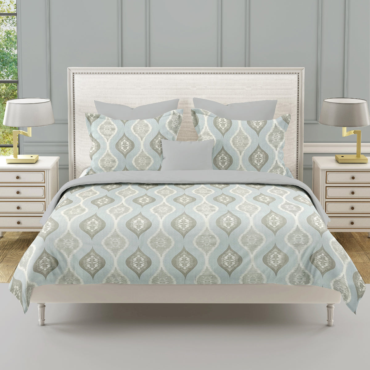 Powder Blue Ikat Medallions 144 TC Pure Cotton Bedsheet Set with Pillow Cover