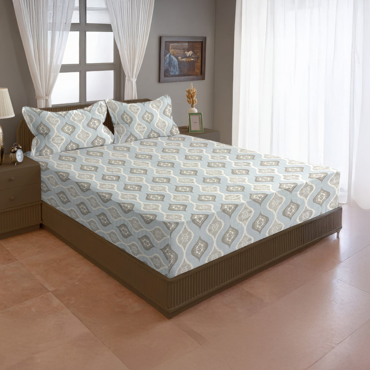 Powder Blue Ikat Medallions 144 TC Pure Cotton Bedsheet Set with Pillow Cover