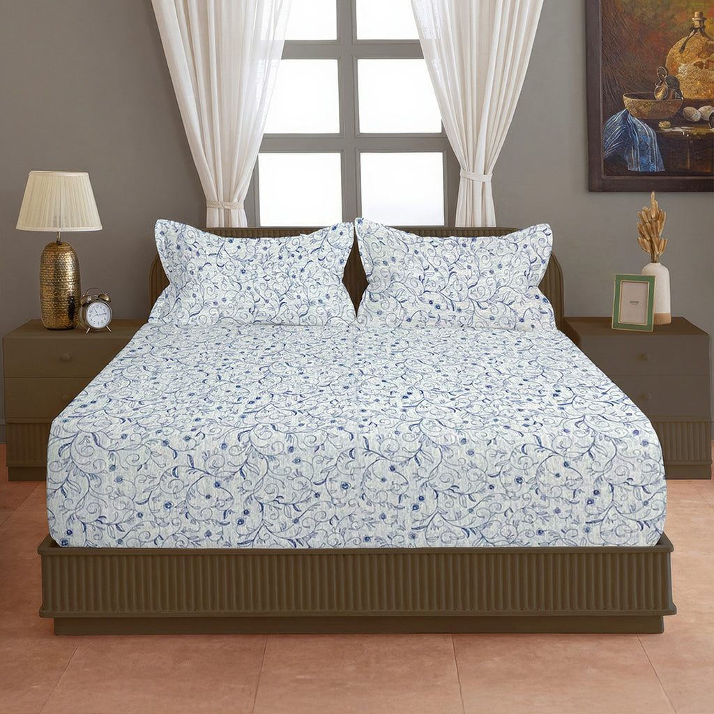 Ivory Blue Scroll Vine 144 TC Pure Cotton Bedsheet Set with Pillow Cover
