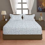 Ivory Blue Scroll Vine 144 TC Pure Cotton Bedsheet Set with Pillow Cover