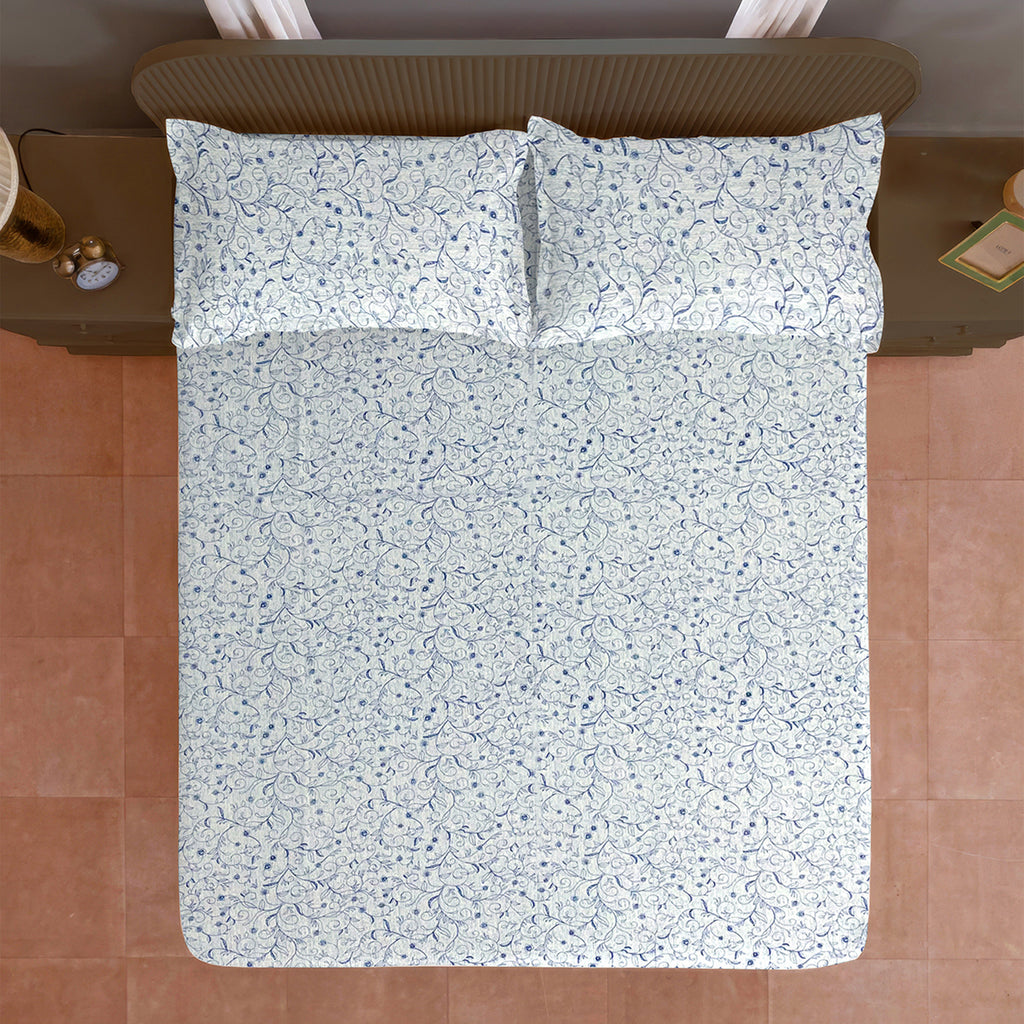 Ivory Blue Scroll Vine 144 TC Pure Cotton Bedsheet Set with Pillow Cover
