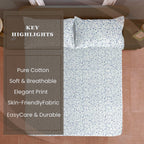 Ivory Blue Scroll Vine 144 TC Pure Cotton Bedsheet Set with Pillow Cover