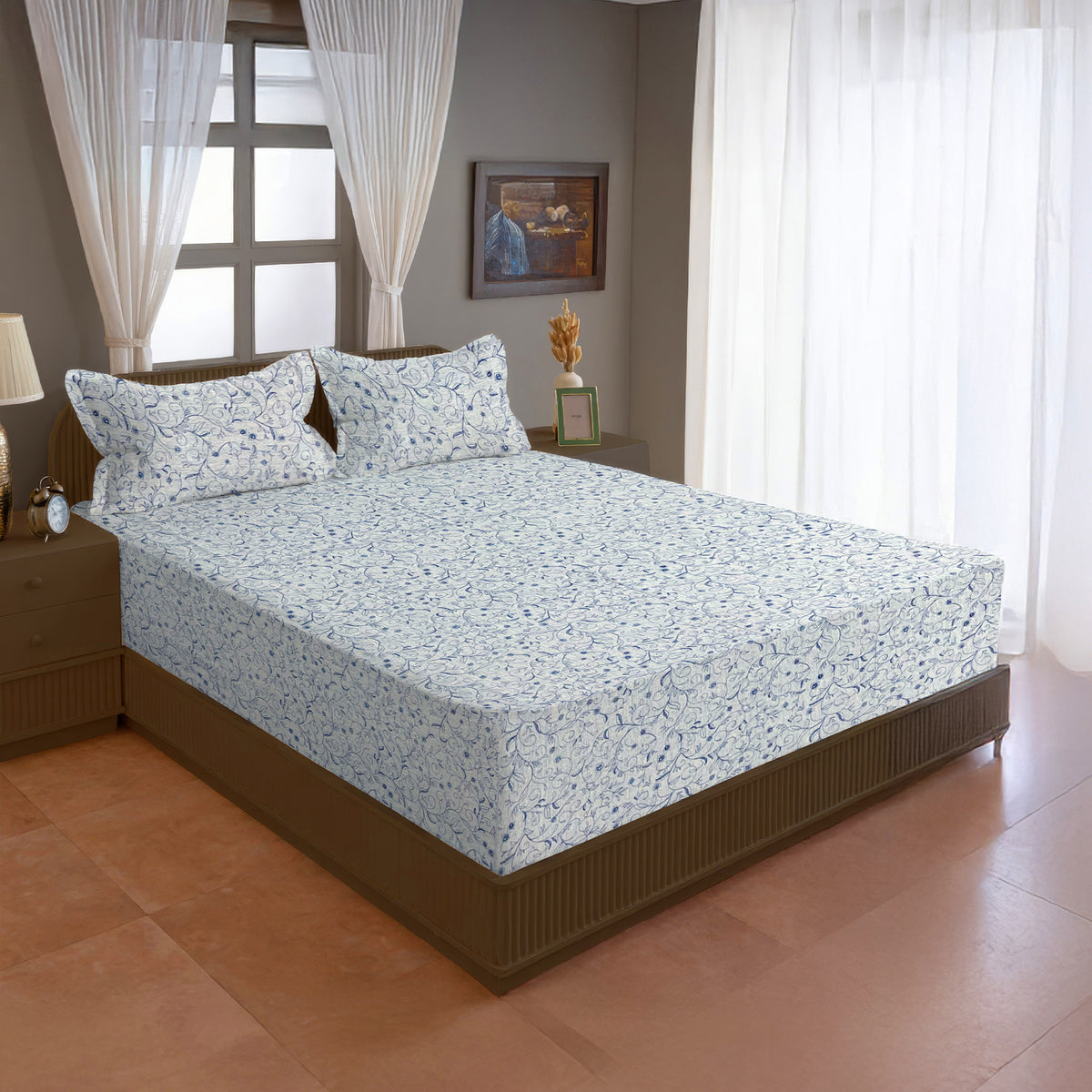 Ivory Blue Scroll Vine 144 TC Pure Cotton Bedsheet Set with Pillow Cover