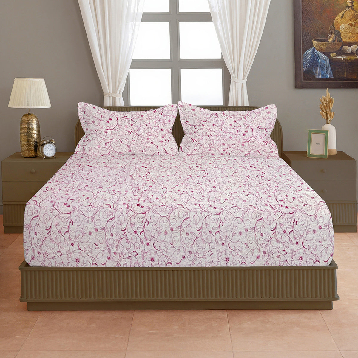 Ivory Pink Scroll Vine 144 TC Pure Cotton Bedsheet Set with Pillow Cover