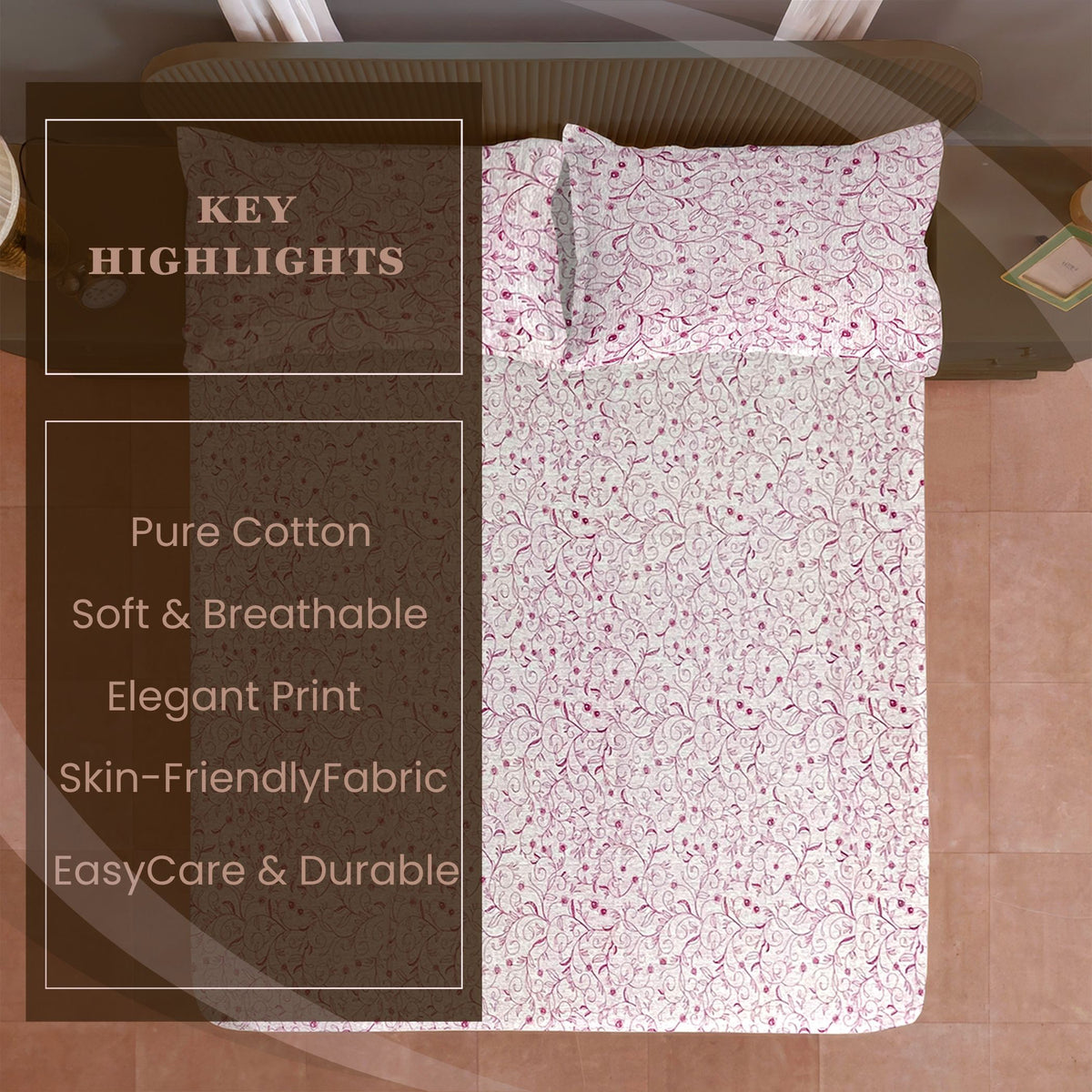 Ivory Pink Scroll Vine 144 TC Pure Cotton Bedsheet Set with Pillow Cover
