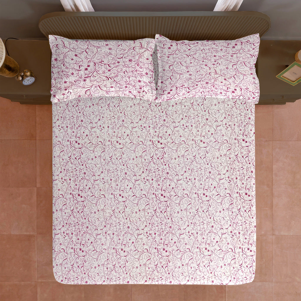 Ivory Pink Scroll Vine 144 TC Pure Cotton Bedsheet Set with Pillow Cover