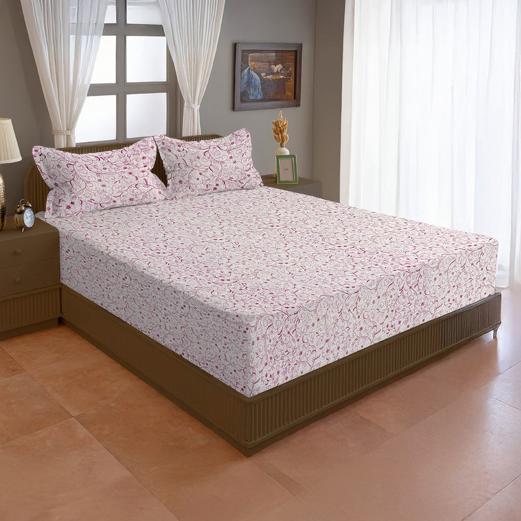 Ivory Pink Scroll Vine 144 TC Pure Cotton Bedsheet Set with Pillow Cover
