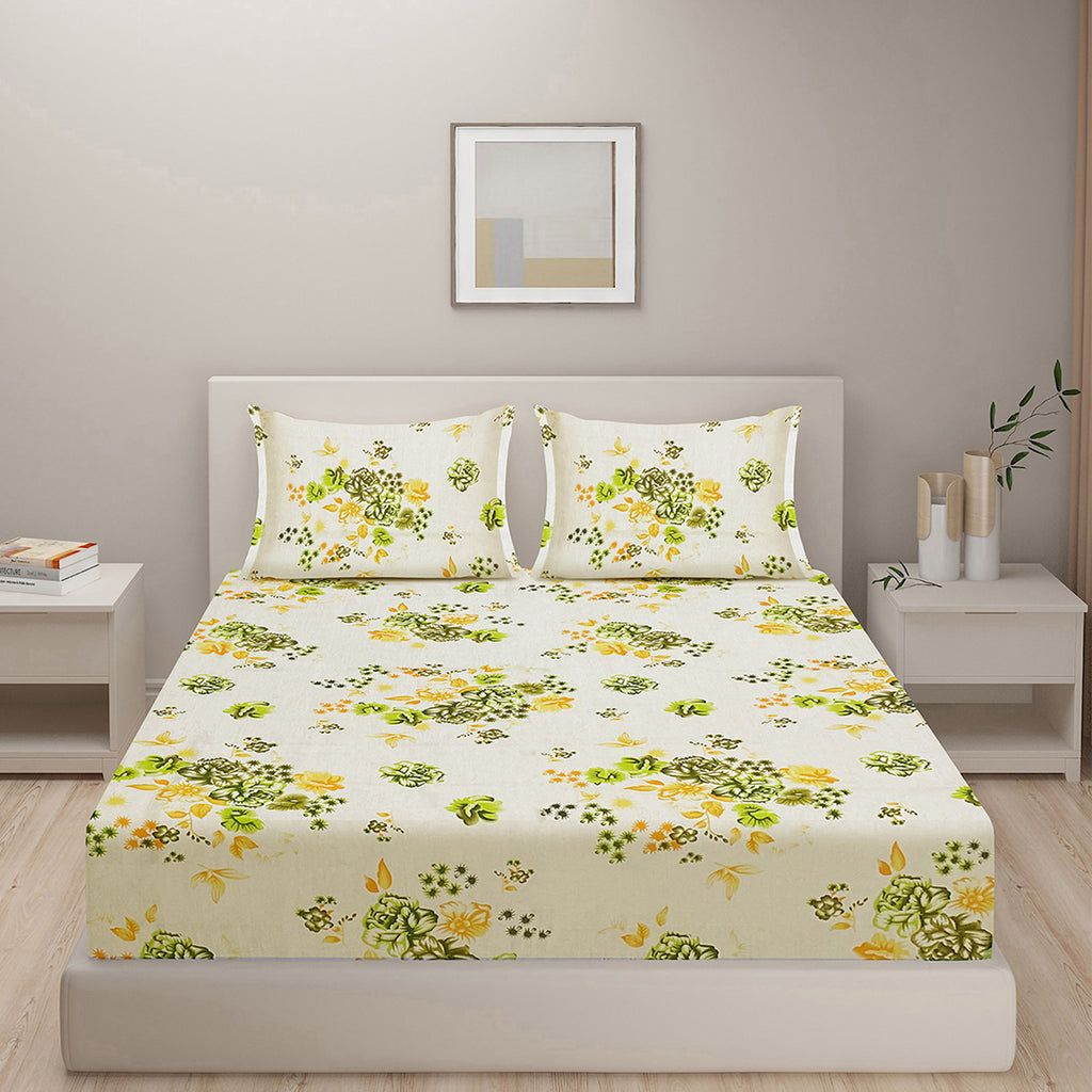 Citrus Bloom Cream & Green Floral 160 TC Pure Cotton Bedsheet with Pillow Cover