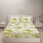 Citrus Bloom Cream & Green Floral 160 TC Pure Cotton Bedsheet with Pillow Cover