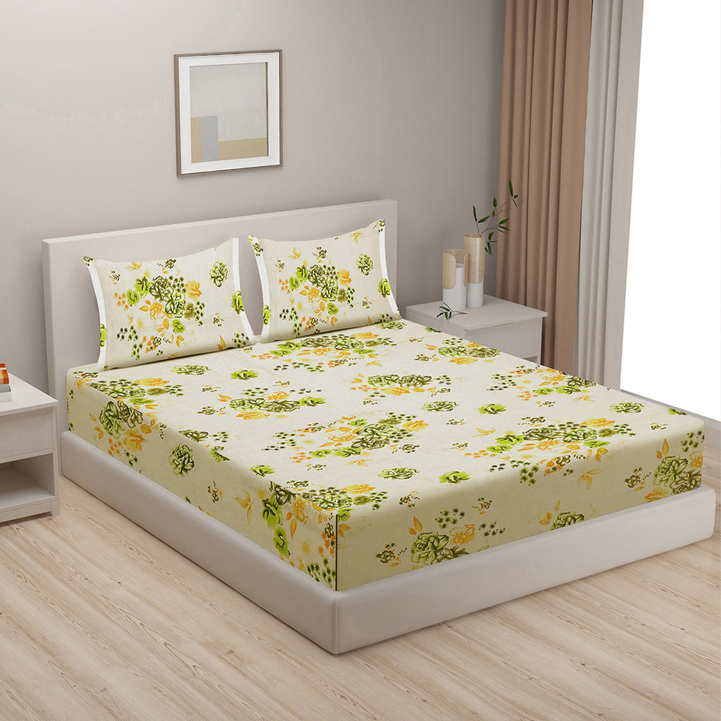 Citrus Bloom Cream & Green Floral 160 TC Pure Cotton Bedsheet with Pillow Cover