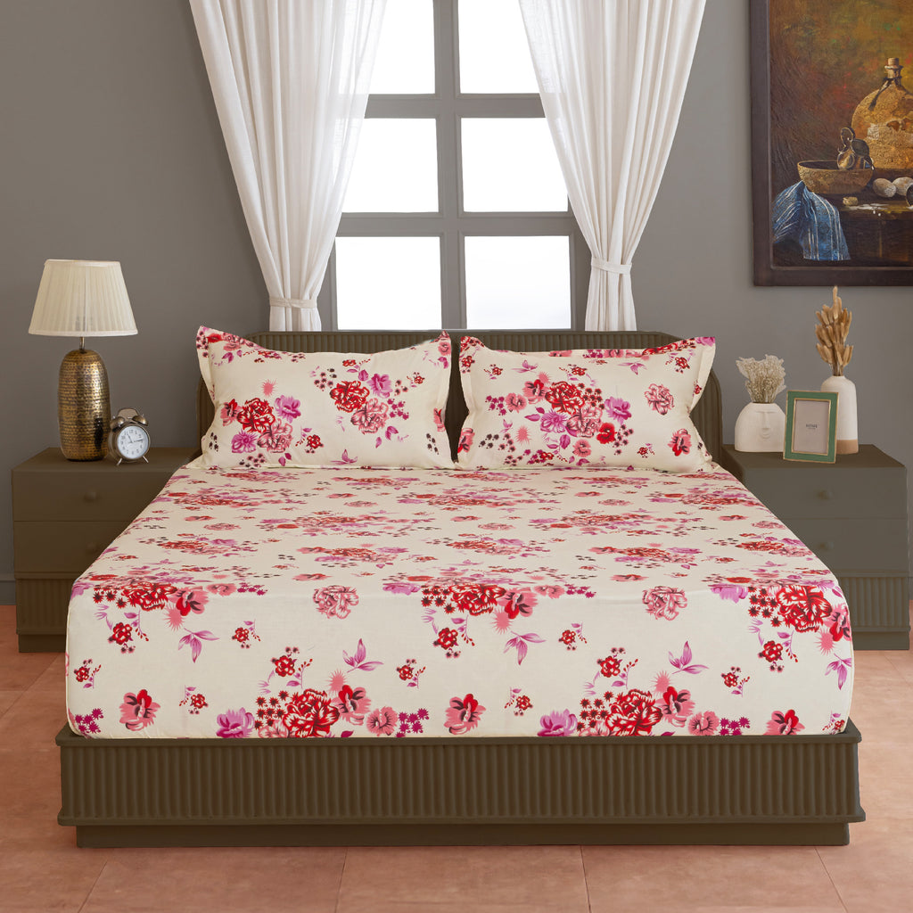 Crimson Rose Cream & Red Floral 160 TC Pure Cotton Bedsheet with Pillow Cover