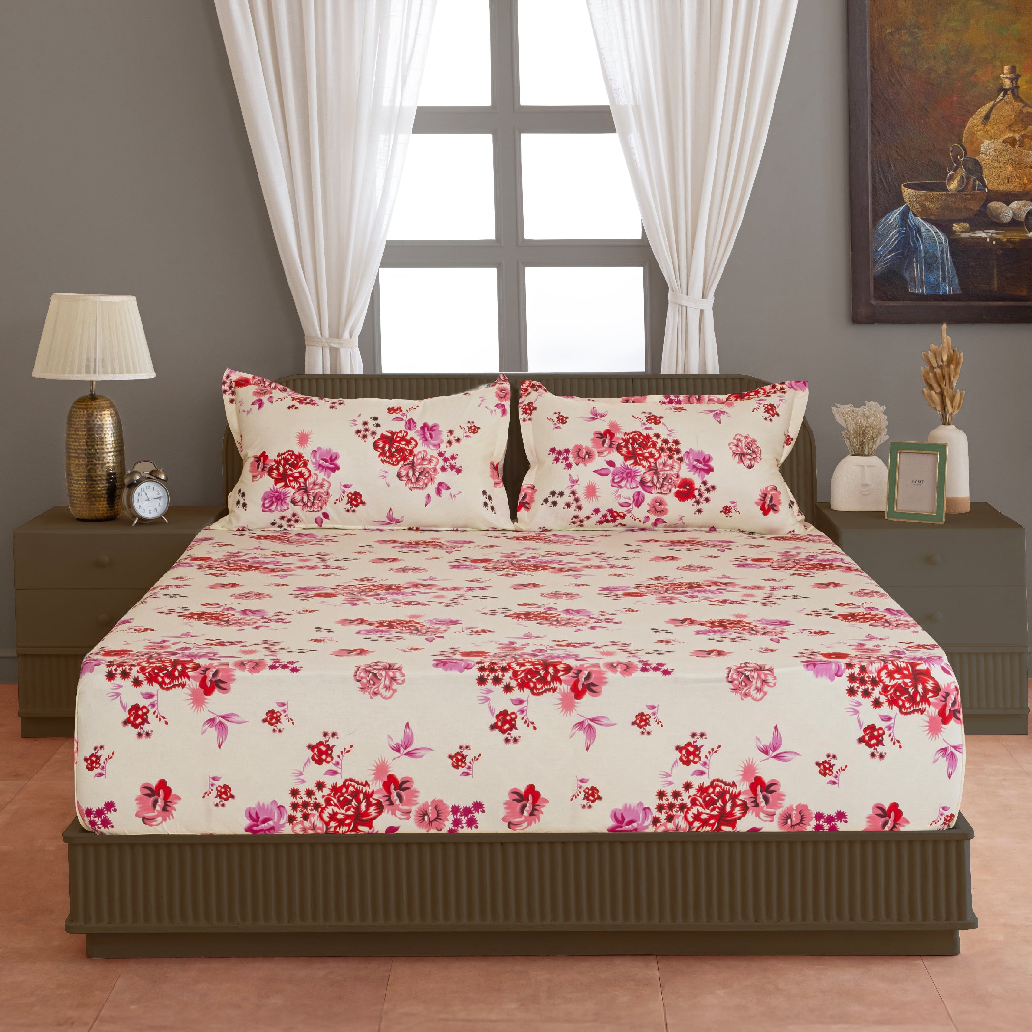Crimson Rose Cream & Red Floral 160 TC Pure Cotton Bedsheet with Pillow Cover