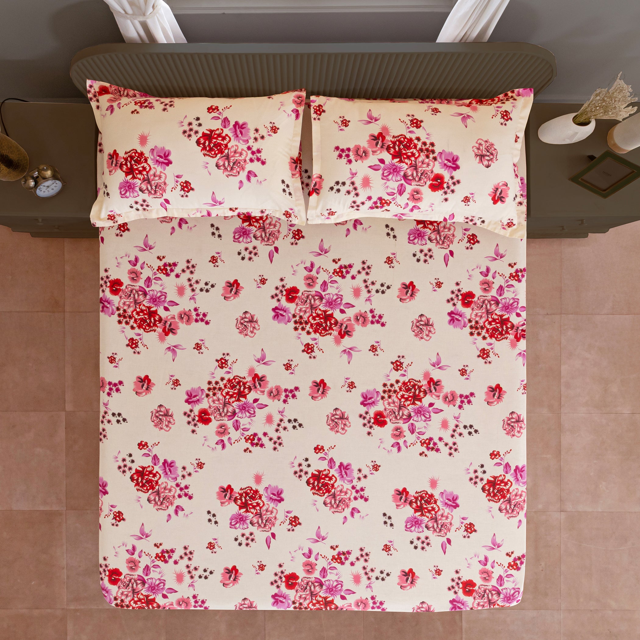 Crimson Rose Cream & Red Floral 160 TC Pure Cotton Bedsheet with Pillow Cover