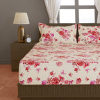 Crimson Rose Cream & Red Floral 160 TC Pure Cotton Bedsheet with Pillow Cover