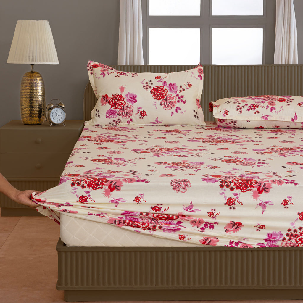Crimson Rose Cream & Red Floral 160 TC Pure Cotton Bedsheet with Pillow Cover