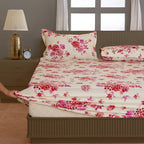 Crimson Rose Cream & Red Floral 160 TC Pure Cotton Bedsheet with Pillow Cover