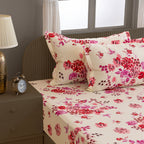 Crimson Rose Cream & Red Floral 160 TC Pure Cotton Bedsheet with Pillow Cover