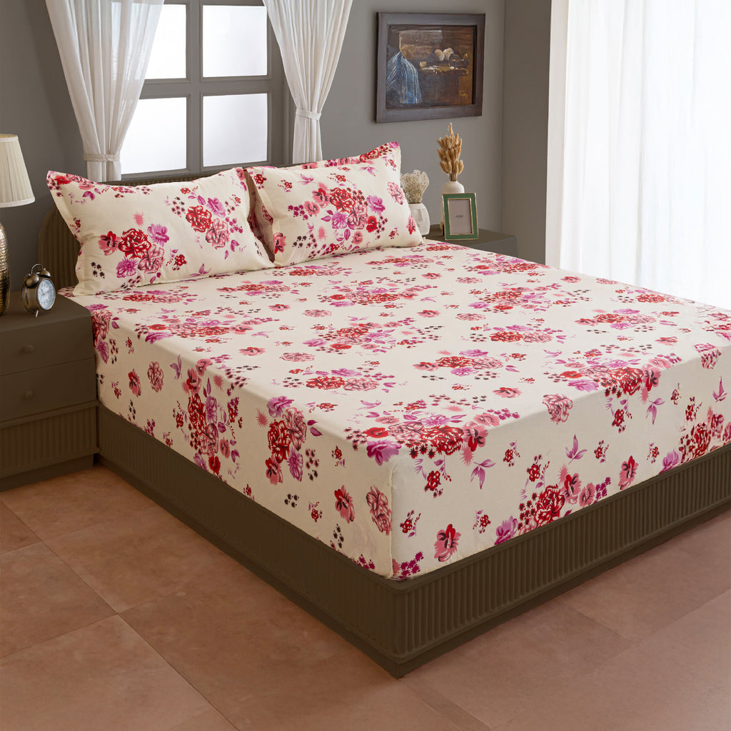 Crimson Rose Cream & Red Floral 160 TC Pure Cotton Bedsheet with Pillow Cover
