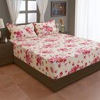 Crimson Rose Cream & Red Floral 160 TC Pure Cotton Bedsheet with Pillow Cover