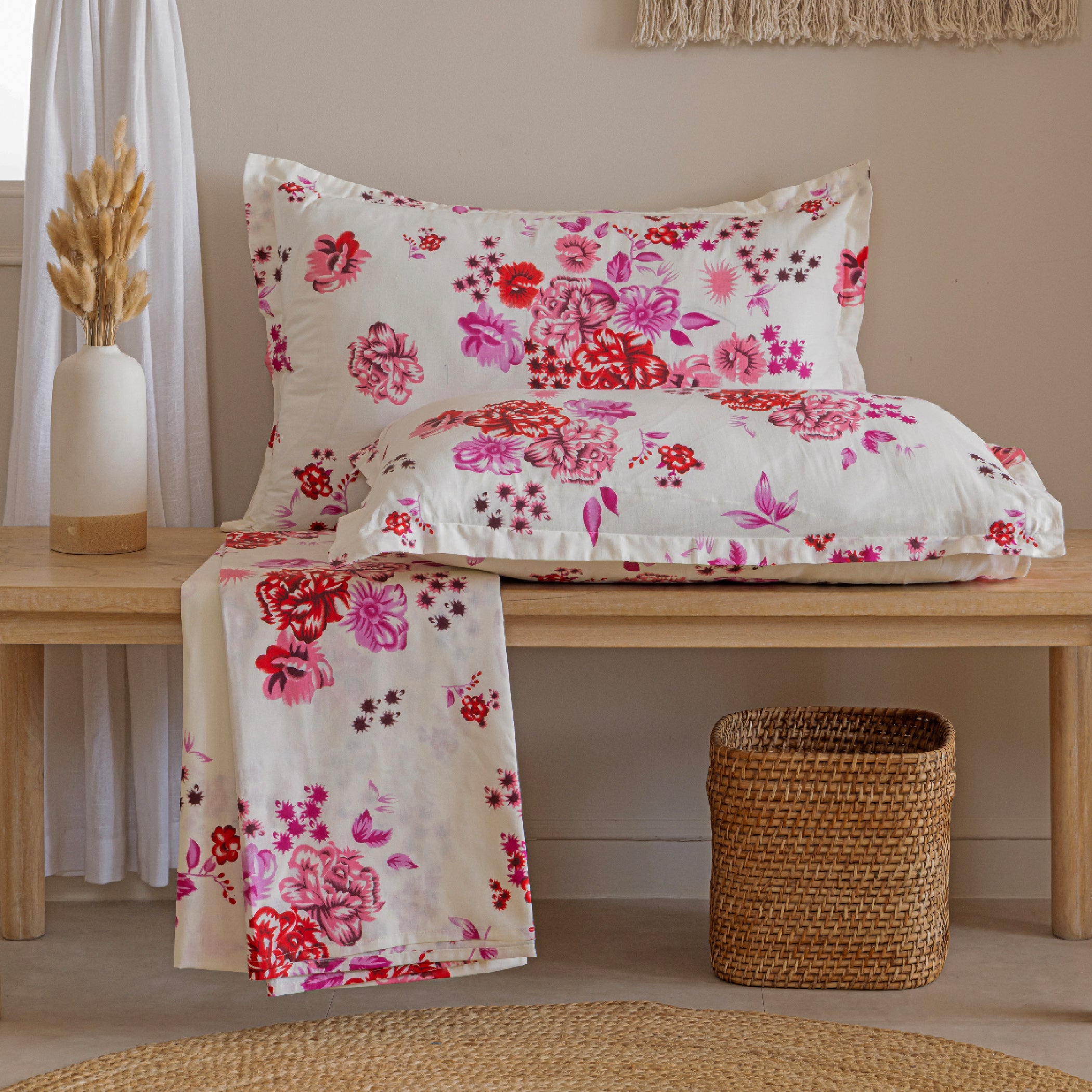 Crimson Rose Cream & Red Floral 160 TC Pure Cotton Bedsheet with Pillow Cover