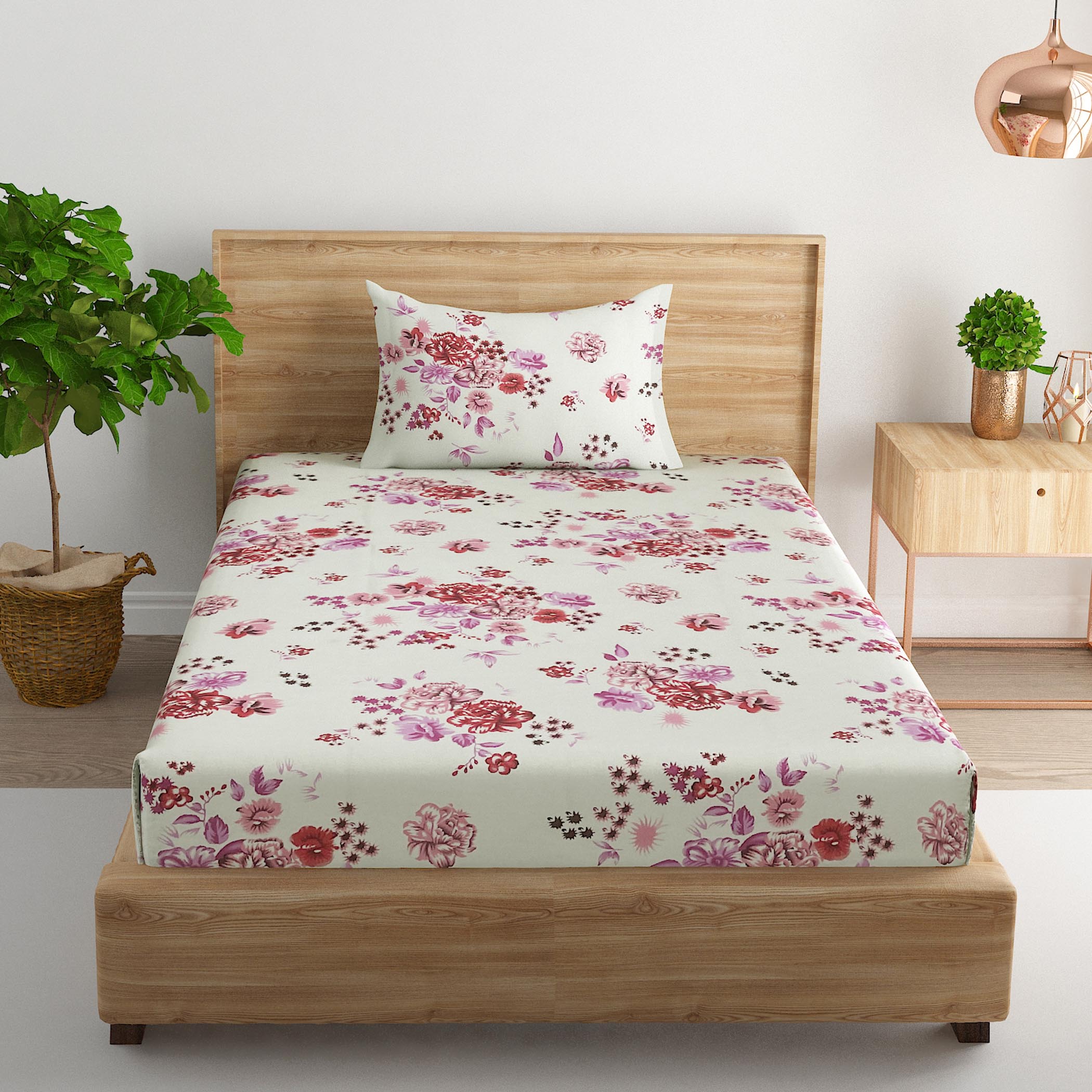 Crimson Rose Cream & Red Floral 160 TC Pure Cotton Bedsheet with Pillow Cover