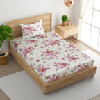 Crimson Rose Cream & Red Floral 160 TC Pure Cotton Bedsheet with Pillow Cover