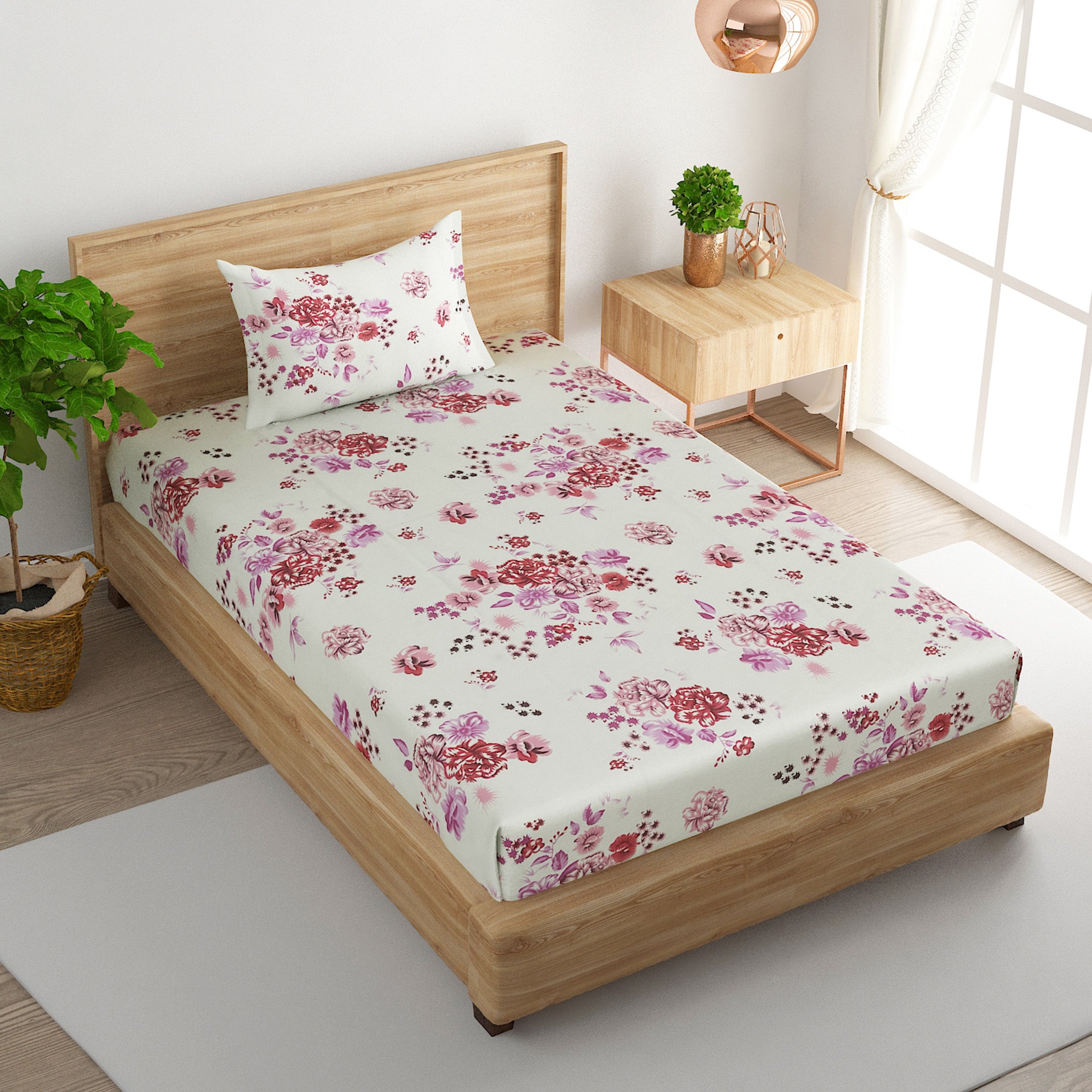 Crimson Rose Cream & Red Floral 160 TC Pure Cotton Bedsheet with Pillow Cover